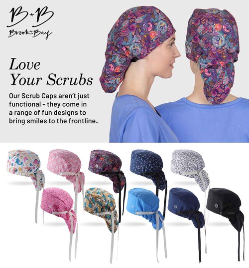Brook + Bay Scrub Caps Women Ponytail - 2 Pack Surgical Caps for Women Long Hair - Nurse Cap - Scrub Hats for Nurses - Bouffant Scrub Cap