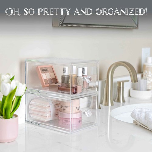 Oizeir Clear Drawer Organizers - Acrylic, Durable, Stackable, Pull-Out Drawer. Great for Medicine, Cosmetics, Makeup and Bathroom Organization. (4.5" High | 2-PACK)