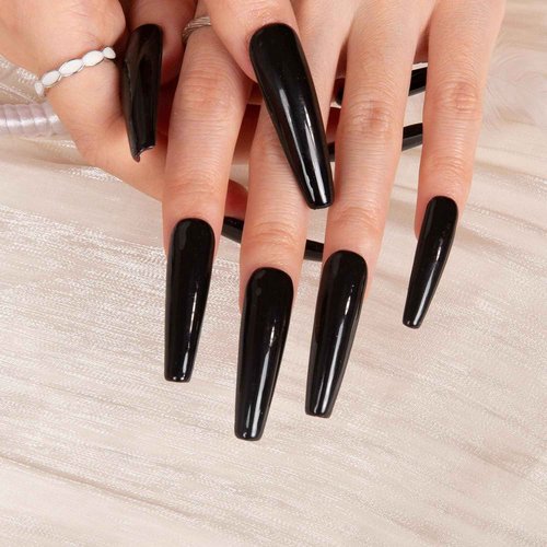 LOVFUL Press on Nails Red Sole Black Red | Handmade with Full Covered Crystals | Reusable Full Cover Nails | Coffin Mid length 1.7 in | H22-S