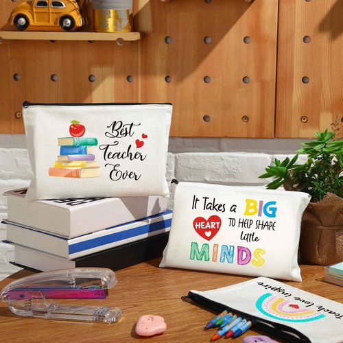 18 Pcs Teacher Makeup Bags for Women 6 Styles Canvas Pencil Bags Travel Toiletry Case with Zipper Gift for Teacher's Day Graduation Back to School (Cute)