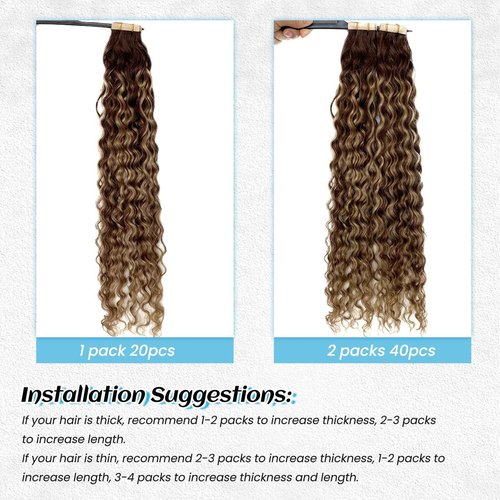 Water Wave Tape in Hair Extensions Human Hair, Ombre Chocolate Brown to Strawberry Honey Blonde Highlights Invisible Loose Curly Tape ins for Black Women Skin Weft Glue in Real Remy Extension 14 Inch