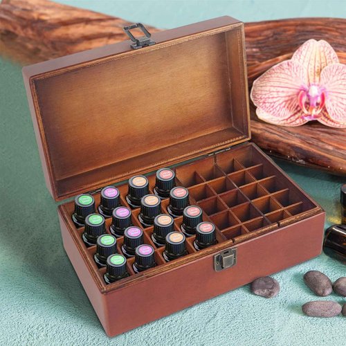 Pure Vie Wooden Essential Oil Storage Box Travel Organizer Case with Bottle Cap Label - Aromatherapy Nail Polish Fragrance Container, Holds 32 Bottle for 5-15ml - Keep Scented Oil Safe & Space Saver