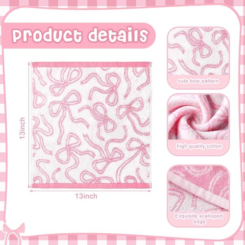 SmoothNovelty 6 Pcs Pink Bow Washcloths 100% Cotton Wash Cloths 13" x 13" Coquette Small Face Towels Absorbent Soft Hand Bath Towels for Bathroom, Spa, Kitchen Drying Cleaning (Classic Style)