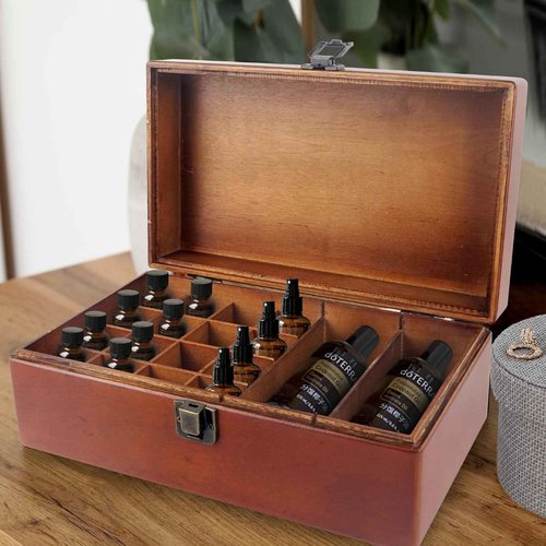 Pure Vie Wooden Essential Oil Storage Box Travel Organizer Case with Bottle Cap Label - Aromatherapy Nail Polish Fragrance Container, Holds 32 Bottle for 5-15ml - Keep Scented Oil Safe & Space Saver