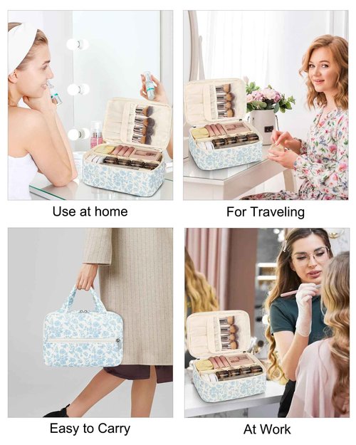 Large Makeup Bag, Travel Cotton Floral Makeup Bag Quilted Cosmetic Bag Gifts for Women Girls Portable Cute Makeup Organizer Bag With Removable Divide and Makeup Brush Compartment