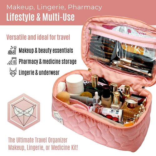 PINK PROTECT XL Quilted Makeup Bag Set of 2 - Extra Large Makeup Bag + Toiletry Bag for Women, Waterproof & Lightweight Cotton with Multiple Compartments, Perfect for Travel, Premium Stitching (Pink)