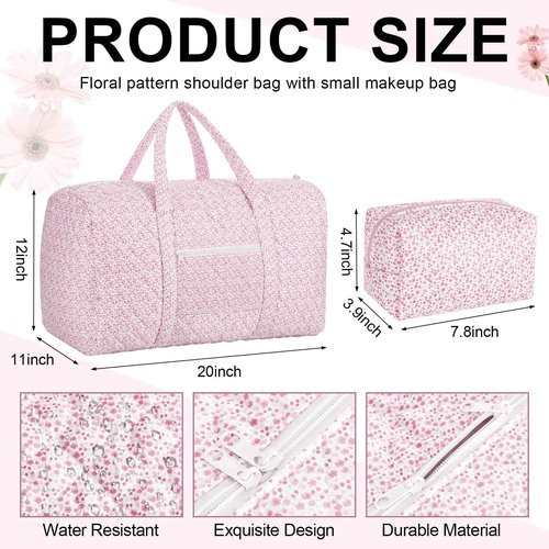Bulyoou 2 Pack Floral Travel Duffel Bag Large Quilted Travel Duffle Bag and Pink Floral Makeup Pouch Portable Gym Lightweight Weekender Organizer with Zipper Pockets Grocery Pouch for Women