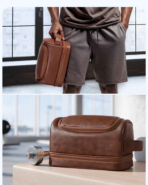 Elviros Toiletry Bag for Mens PU Leather Travel Organizer Kit with Hanging hook, Large Water-resistant Toiletries Bathroom Shaving Bags (Extra Large, Dark Brown)