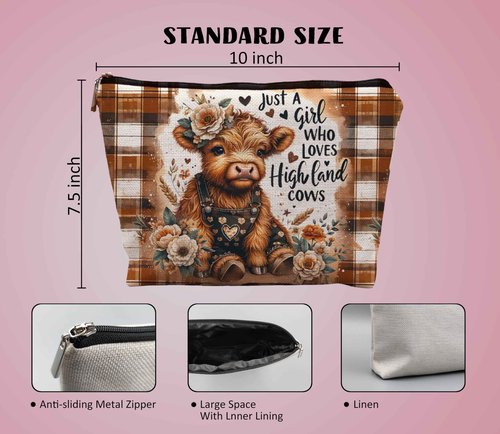 Uinwk Western Buffalo Plaid Makeup Bag, Highland Cow Gifts for Women, Cosmetic Pouch for Cow Lovers, Just a Girl Who Loves Highland Cows