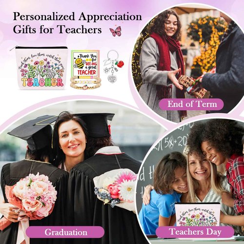 WINOWIMO Personalized Teacher Appreciation Gifts for Women, Thank You Graduation Gifts with Teacher Makeup Bag, Initial Cute Keychain, Teach Bracelets and Thank You Card (J)