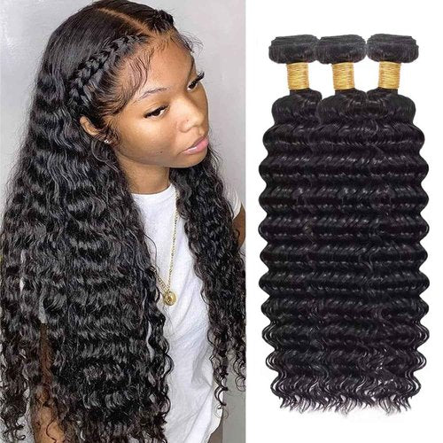 Deep Wave Human Hair Bundles 10 12 14 Inch 100% Unprocessed Brazilian Virgin Human Hair 3 Bundles for Women Wet and Wavy Hair Extensions Natural Black