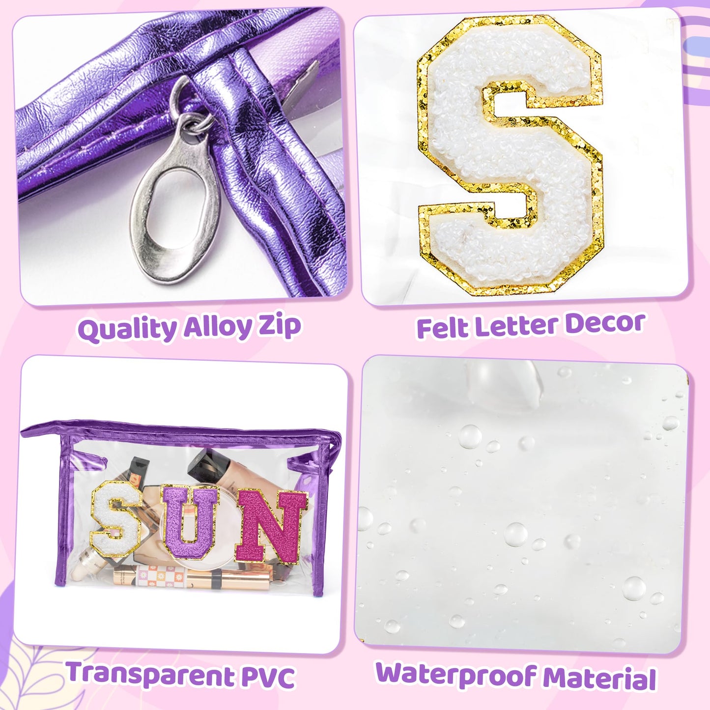 Y1tvei SUN STUFF Makeup Bag - 2Pcs Preppy Patch Chenille Varsity Letter Transparent PVC Extra Large Clear Cosmetic Pouch Portable Waterproof Travel Organizer Toiletry Compliant Bag for Women(Purple)