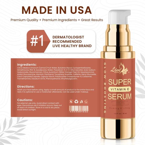 Live Healthy Super Vitamin C Serum for Woman over 70 - Super C Serum with Peptides, Hyaluronic Acid - Brightening, Anti Aging, Lifting & Firming, Wrinkle & Age Spots Reduction - Made in USA | 30ml