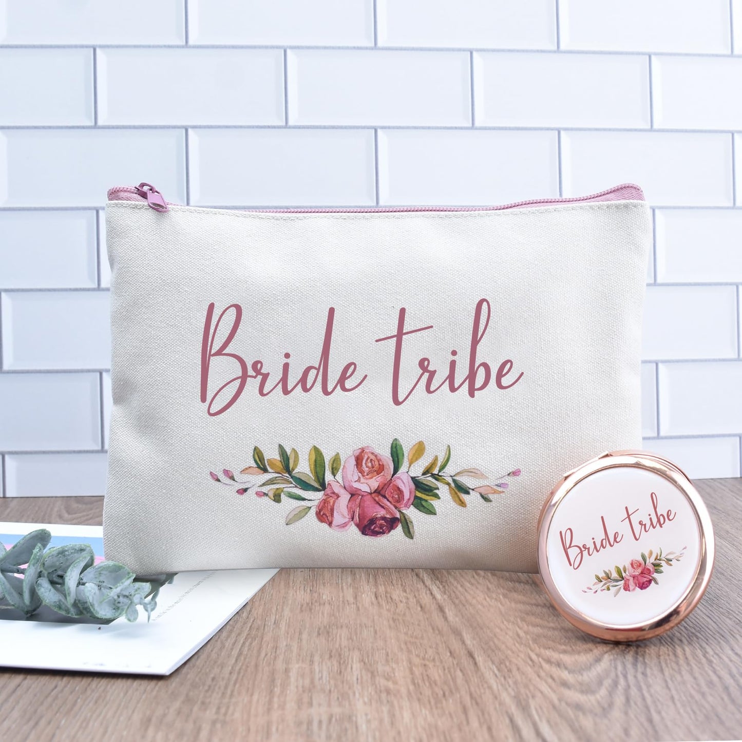 CARAKNOTS 2 Pcs Bride Tribe Gifts Bride Tribe Makeup Bag Wedding Bachelorette Party Gifts for Bride Tribe Bridal Shower Gifts for Team Bride Cotton Cosmetic Toiletry Bag with Compact Mirror