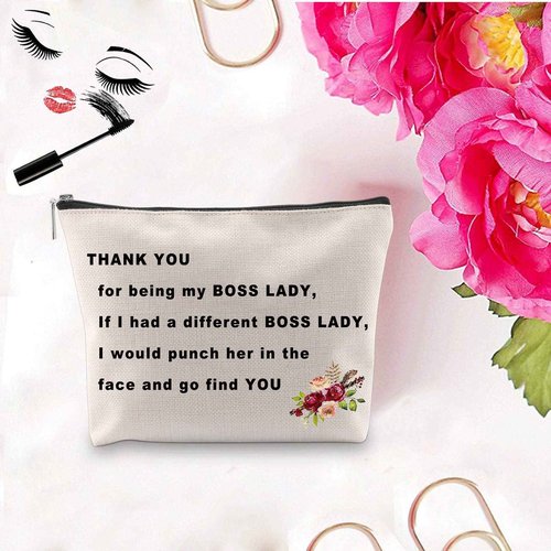 PXTIDY Funny Boss Lady Gifts Thank You For Being My Boss Lady Makeup Cosmetic Bag Female Boss Gift Boss Makeup Bag Gift for Managers from Employee, Coworker (beige)
