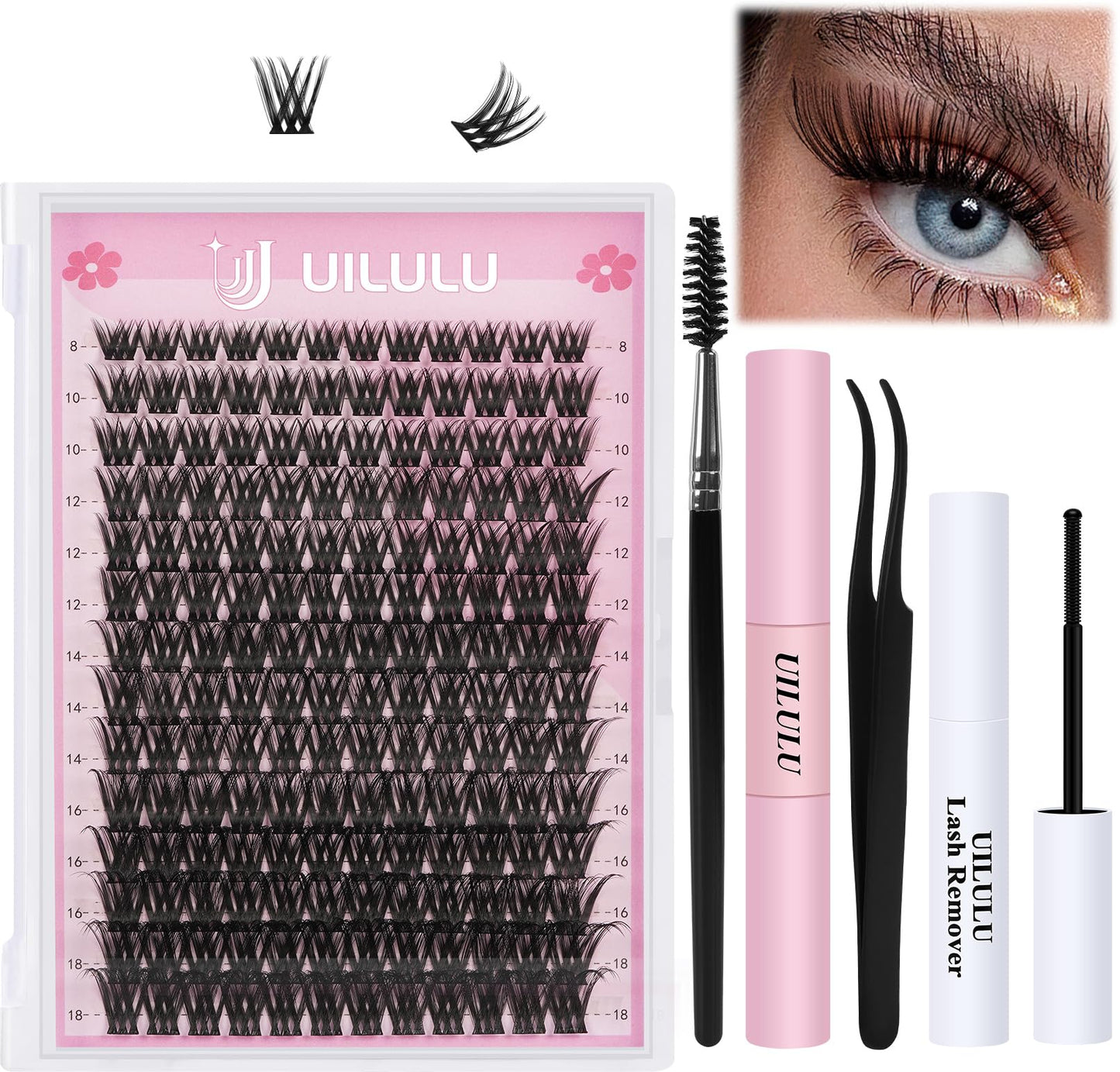 Uilulu Lash Clusters kit 8-18mm DIY Eyelash Extension Kit 168 Natural Lash Clusters 0.07D D Curl Wispy Individual Eyelash Clusters False Lashes Eye Lash Extension Lash Kits Extensions Kit