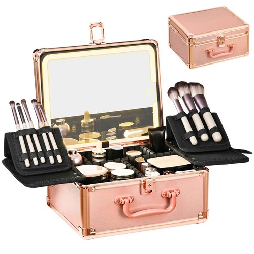 GALHUBIS Makeup Case with Lighted Mirror, Makeup Box Organizer with Detachable LED Mirror, Travel Makeup Train Case, Waterproof Cosmetic Organizer, Standing Brush Holder, Gift, Rose Gold