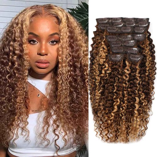 14 Inch Highlight P4/27 Kinky Curly Clip Ins Human Hair 110g 8pcs 20 Clips 3C 4A Curly Clip In Hair Extensions Real Human Hair Brazilian Virgin Hair Full Head for Women P4/27 Color