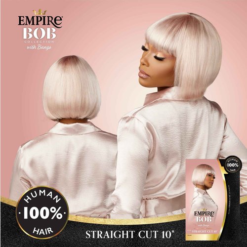 Sensationnel Empire Bob Humanhair Wig - Straight Cut Face Framing Mesh Cap for Comfort With Bangs (10 inch, 1 JETBLACK)
