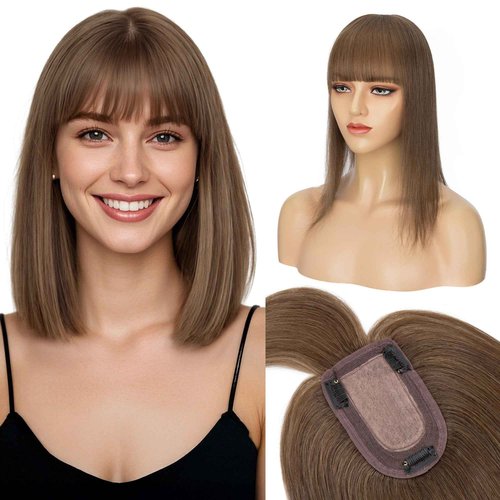 S-noilite Human Hair Toppers for Women with Bangs 100% Real Human Hairpiece 5"x3" Clip in Silk Base Topper Piece Cover Thinning Fine Hair 10 inch Chestnut Brown