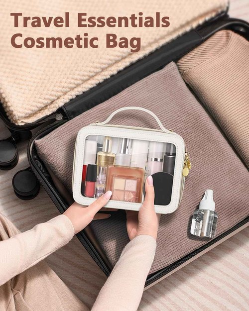 Soimeat Clear Makeup Bag, Portable Travel Cosmetic Bags, Multipurpose Leather Toiletry Bag with Zipper, Waterproof Transparent Cosmetic Organizer for Women, Medium, Beige