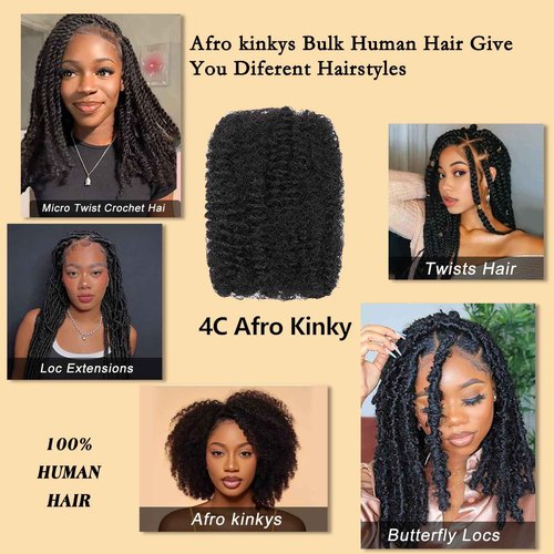 Dong H hair Afro Kinkys Bulk Human Hair for Braiding Afro Kinky-Curly Human Hair Bulk for Mini Twist Afro Kinky Bulk Hair for Dreadlocks Extensions Repair Locs Micro Locs Extension 14Inch(1B,35g/pack)