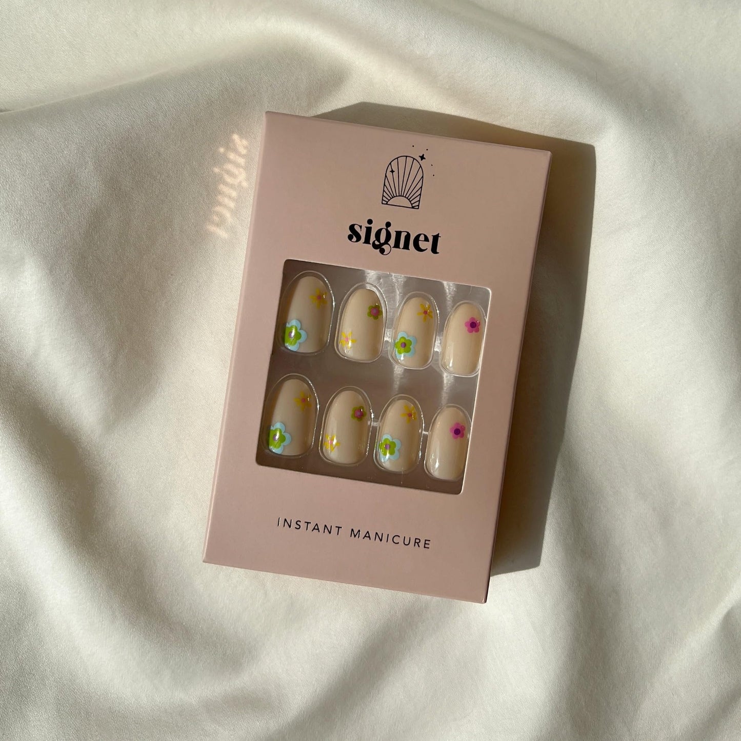 Signet Press On Nails - Blossom | Long Lasting Short Almond Nail Manicure Kit - Easy to Apply - Nail Kit includes 24 Nails in 12 Sizes, Nail Glue, Adhesive Gel Tabs, Nail File, & Cuticle Stick