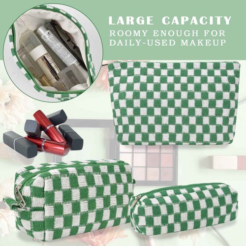 Makeup Bags Checkered Cosmetic Bag- 3PCS Travel Toiletry Bag Aesthetic Portable Accessories Pouch Preppy Pencil Checkered Pencil Pouch Case Cute Brushes Storage Bag for Women - Green