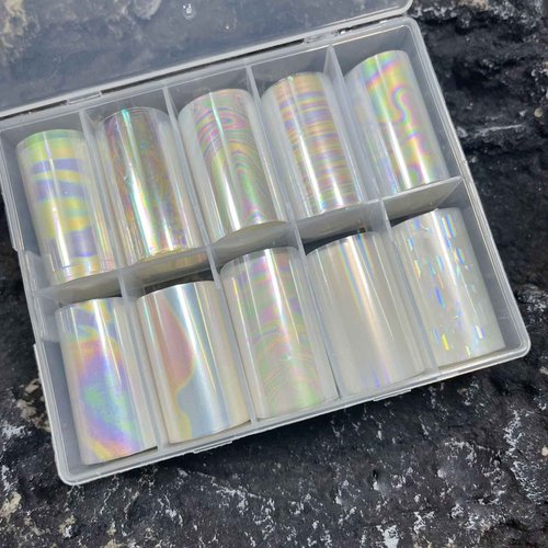 JERCLITY 10 Rolls Aurora Transparent Nail Foil Transfer Sticker Kit Illusory Color Nail Foil Sheets Iridescence Transfer Stickers