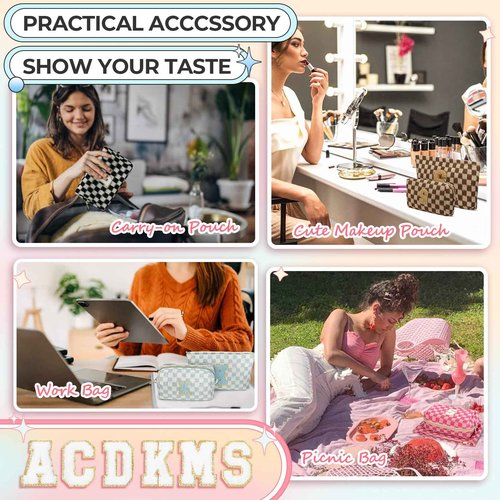 Silongder 2PCS Checkered Makeup Bag for Women Personalized Initial Letter Makeup Bag Travel Toiletry Bag Organizer Cute Makeup Brushes Storage Bag Mother's Day Birthday Gift for Women (Black S)