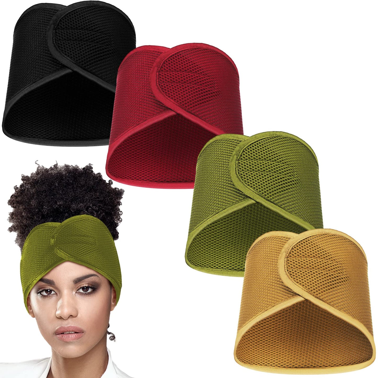 Haysandy Hairband, 4 Pieces Mesh Hair Wrap for Black Women - Face Wash Makeup Hair Accessories Headbands (Black, Wine Red, Khaki, Light Green)