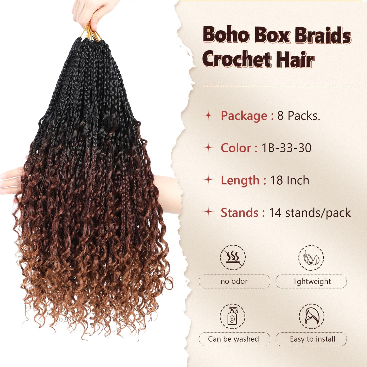 Boho Box Braids Crochet Hair 8 Packs Boho Crochet Braids Pre Looped 1B/33/30 Goddess Box Braids Crochet Hair for Black Women 18 Inch Boho Braids Crochet Hair Extension