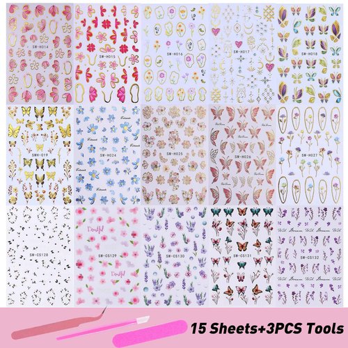 Flower Nail Art Stickers Decals 15 PCS Pink Flower Stickers for Nails with Tweezers 3D Self-Adhesive Summer Cherry Blossom Butterfly Florals Decals Tropical Nail Art Design Decoration for Women