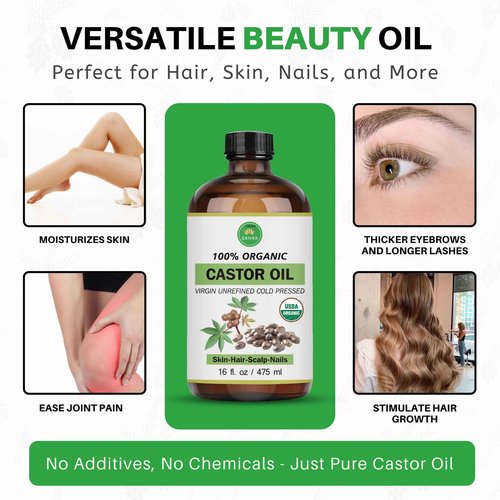 Castor Oil Organic - Cold Pressed USDA Certified, for Hair Growth Hexane-Free Extra Virgin for Skin Castor Oil Pack Stimulates Lashes & Eyebrows, 100% Pure - 16oz Glass Bottle