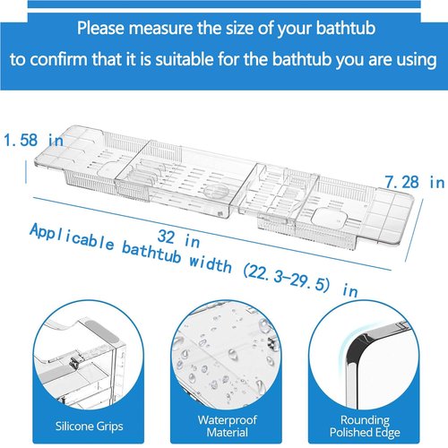 Baosia Expandable Bathtub Tray,Clear Plastic Anti-Slip Bath Tub Shelf Caddy Tray,Luxury Bathtub & Bathroom Accessories for Relaxing Spa,Suitable for bathtubs with an Internal Width of up to 29.5 inch