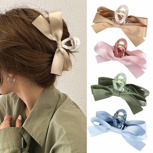 FAELBATY Bow Hair Claw Clips, Bow Knot Hair Claw Clips for Women, Silky Satin Bow Hair Clips for Girls, Big Claw Clips with Bow for Thin Thick Curly Hair, Bows Bowknot Hair Accessories 4 Pcs