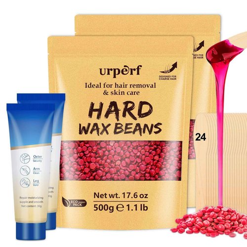 Hard Wax Beads for Coarse Hair, Sensitive Skin, Body, Facial, Brazilian Bikini, Legs, 2.2 lb Wax Kit with 60g Care Cream & 24 Applicator Sticks for At Home Hair Removal