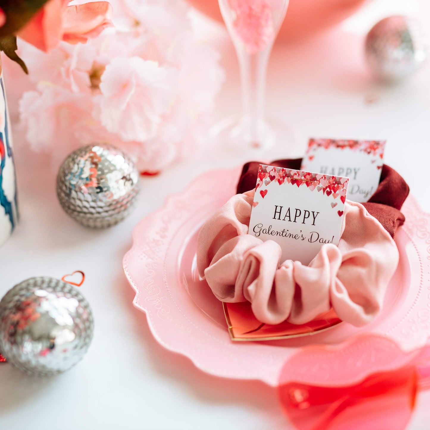 Galentine's Day Hair Scrunchies Party Favors, Unique Galentine Gift for Friends Girls Women, Supplies Decorations (Red Hearts - 5 Pack)