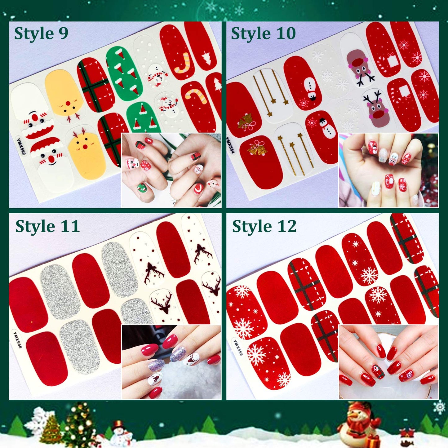 Kalolary 12 Sheets Christmas Full Wraps Self-Adhesive Nail Polish Stickers with 1Pcs Nail File, Nail Art Full-Cover Sticker for Women Winter Christmas Party Nail Decorations