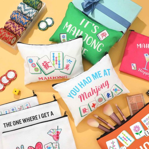 SilTriangle 9 Pcs Mahjong Cosmetic Bag Gifts for Women Mahjong Makeup Bag Mah Jong Zippered Pouch for Lover Player Friend Mom Grandma Lucky Birthday Christmas New Year Gift