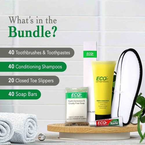 ECO amenities Bulk Hotel Toiletries Set - Travel Toothbrush Set - Cruelty-Free Shampoo & Conditioner - Bar Soap Bulk & Closed-Toe Slippers - 140 Pieces, 30ml Shampoo, 14g Soap, Green Tea
