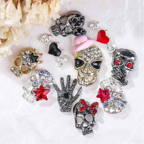 5D Embossed Metal Halloween Nail Charms with Rhinestone Design Skull Nail Charms 20Pcs Gold Silver Black Alloy Skeleton Charms Gems Luxury Sparkly Skull Nail Jewelry for Acrylic Nails Women Manicure