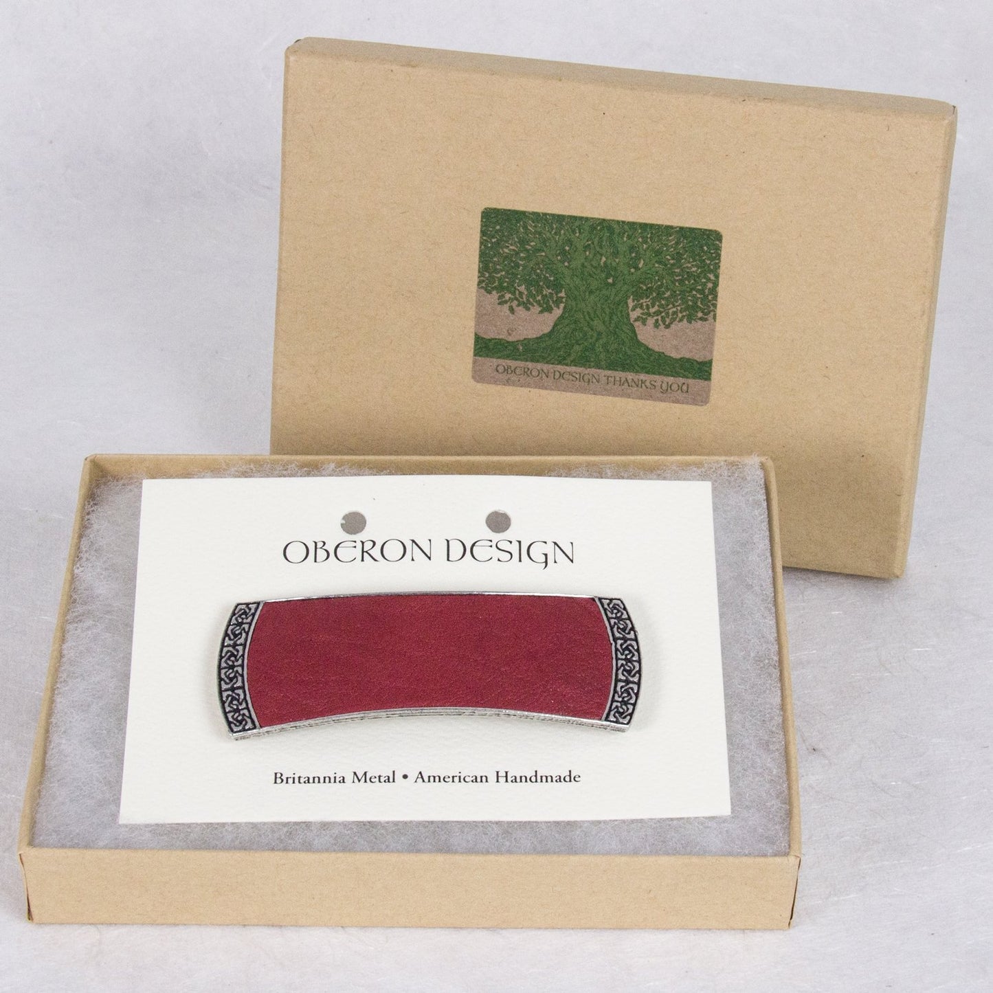 Celtic Leather Hair Clip, Hand Crafted Metal and Leather Barrette Made in the USA with a Medium 70mm Imported French Clip by Oberon Design, 3 Colors, Red, 1 Piece