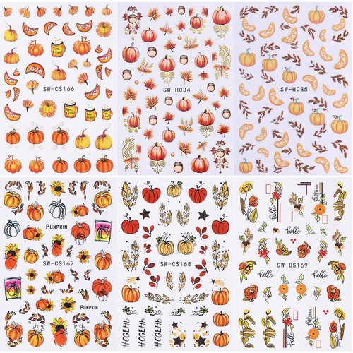 Fall Nail Art Stickers, Autumn Pumpkin Nail Decals 3D Self-Adhesive Red Gold Maple Leaf Pumpkin Fall Sunflower Flower Nail Art Design Thanksgiving Nail Accessories for Women Girls(6 Sheets)