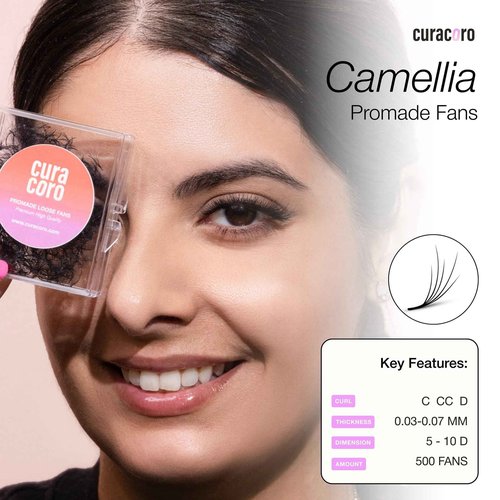 Curacoro Camellia Promade Fans - Handmade Volume Promade Eyelashes Fans 5D to 10D, C CC D Curl, Thickness 0.03~0.07mm, 7-14mm Mix Lengths, Professional Long-Lasting Promade Lash Fans