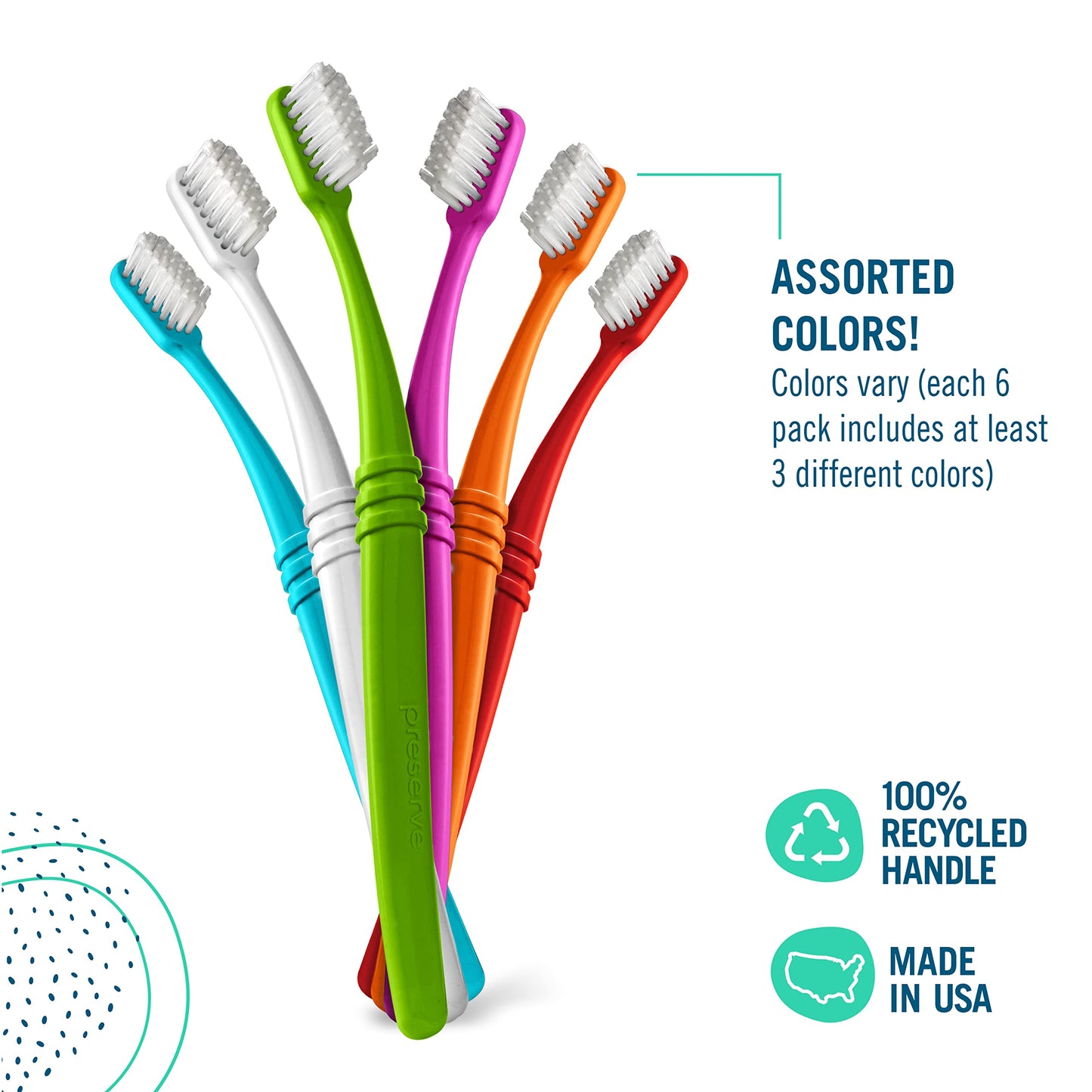 Preserve Eco Friendly Adult Toothbrushes, Made in The USA from Recycled Plastic, Lightweight Package, Soft Bristles, Colors Vary, 6 Pack