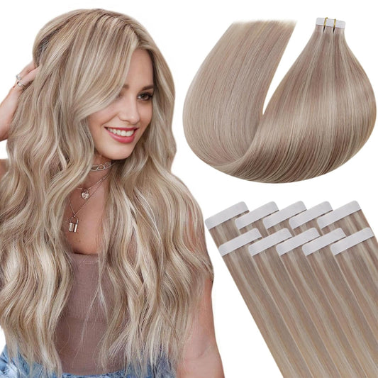 LaaVoo Tape in Extensions Human Hair Blonde #60 Tape in Hair Extensions Seamless Straight Tape in Human Hair Extensions Platinum Blonde Soft Skin Weft 10pcs 16inch 25G