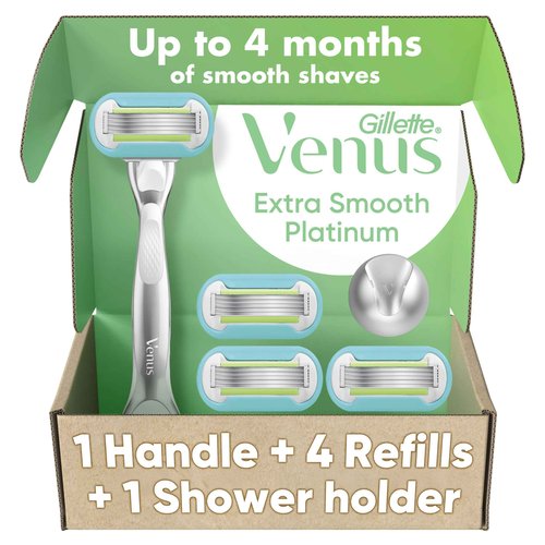 Gillette Venus Platinum Extra Smooth Metal Handle Women's Razor Handle + 4 Blade Refills, Pivoting Head and Ribbon of Moisture, Holiday Gifts for Women