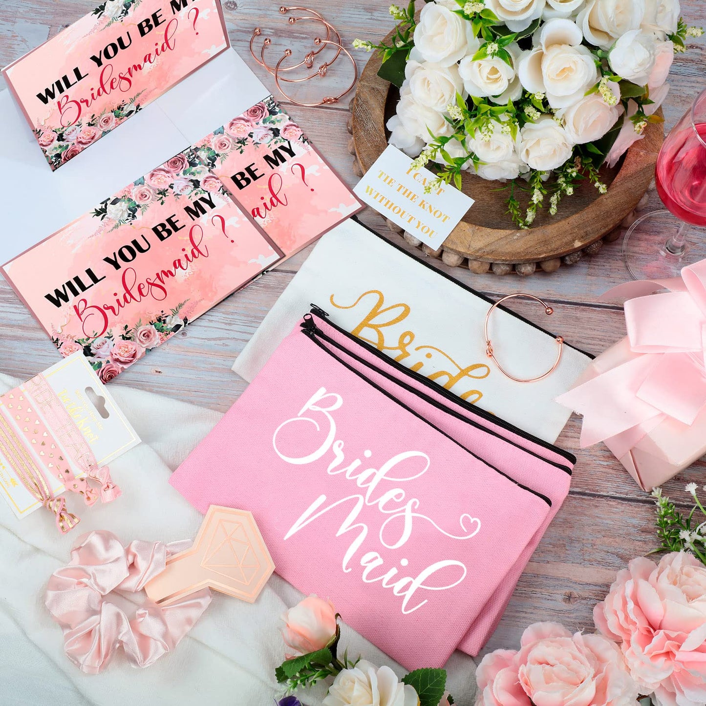 63 Pcs Bridesmaid Proposal Gifts Bulk Maid of Honor Gifts Matron of Honor Gifts Brides Bridesmaid Cosmetic Makeup Bag Hair Knotted Bracelets Invitation Cards for Wedding Bachelorette (Fresh Style)