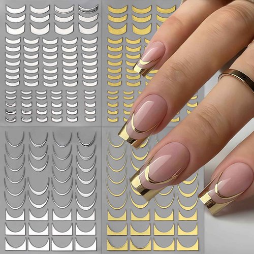 8 Sheets French Stripe Line Nail Stickers 3D Self-Adhesive Metal Strip French Nail Decals Gold Silver Geometric Waved Nails Design French Line Nail Supplies for Women DIY Nail Decoration Kits